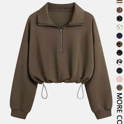 Women's Half-Zip Stand Collar Drawstring Adjustable Short Sweatshirt, Spring & Fall Casual Fashion, Comfortable and Stylish #GLOBAL PICKS