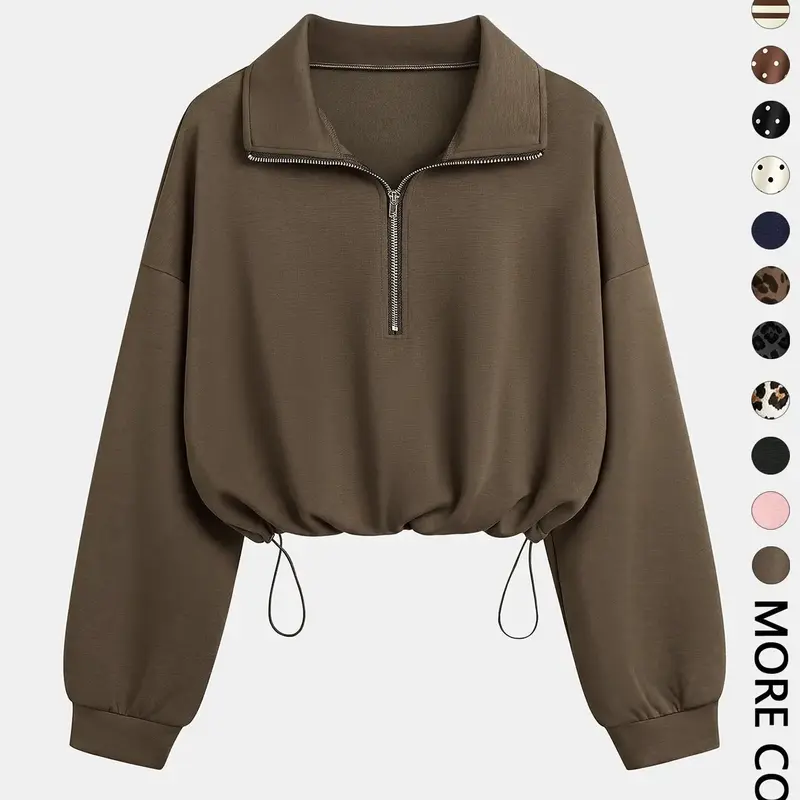 Women's Half-Zip Stand Collar Drawstring Adjustable Short Sweatshirt, Spring & Fall Casual Fashion, Comfortable and Stylish #GLOBAL PICKS