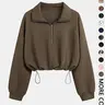 Women's Half-Zip Stand Collar Drawstring Adjustable Short Sweatshirt, Spring & Fall Casual Fashion, Comfortable and Stylish #GLOBAL PICKS