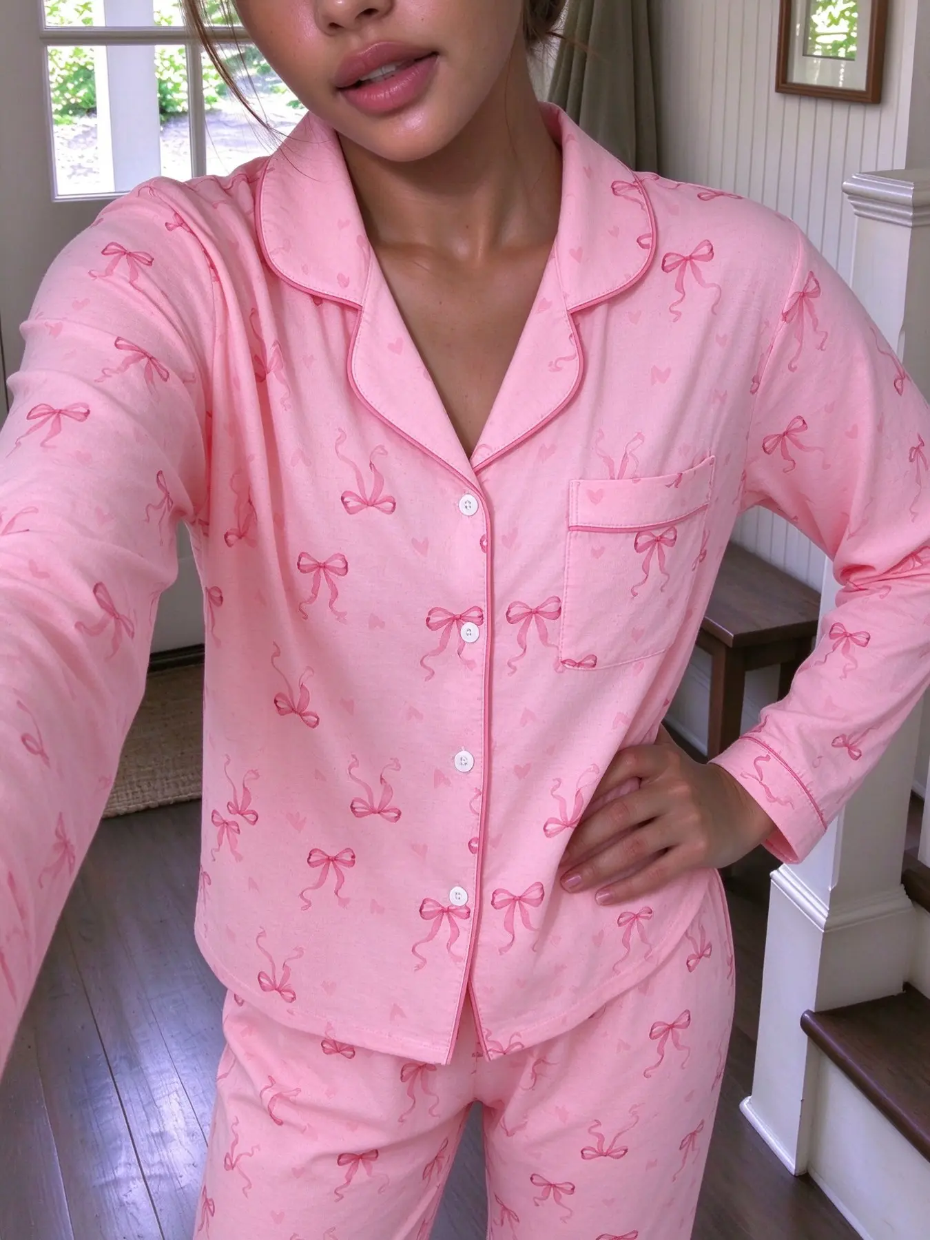 Women's 2-Piece Pajama Set, Pink Base, Bow Stripes, Cherry Tulip Print, Heart Accents, Long Sleeve, Comfortable Home Wear, Loungewear