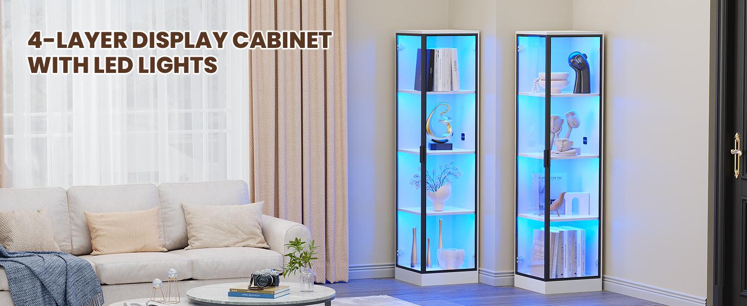 MIIFUNY Corner Display Cabinet with Doors, 4-Tier Corner Shelf&Bookcase for Collectibles, Toys, Books, Display Case with 3 Color Light, for Playroom, Bedroom, Study Room, White