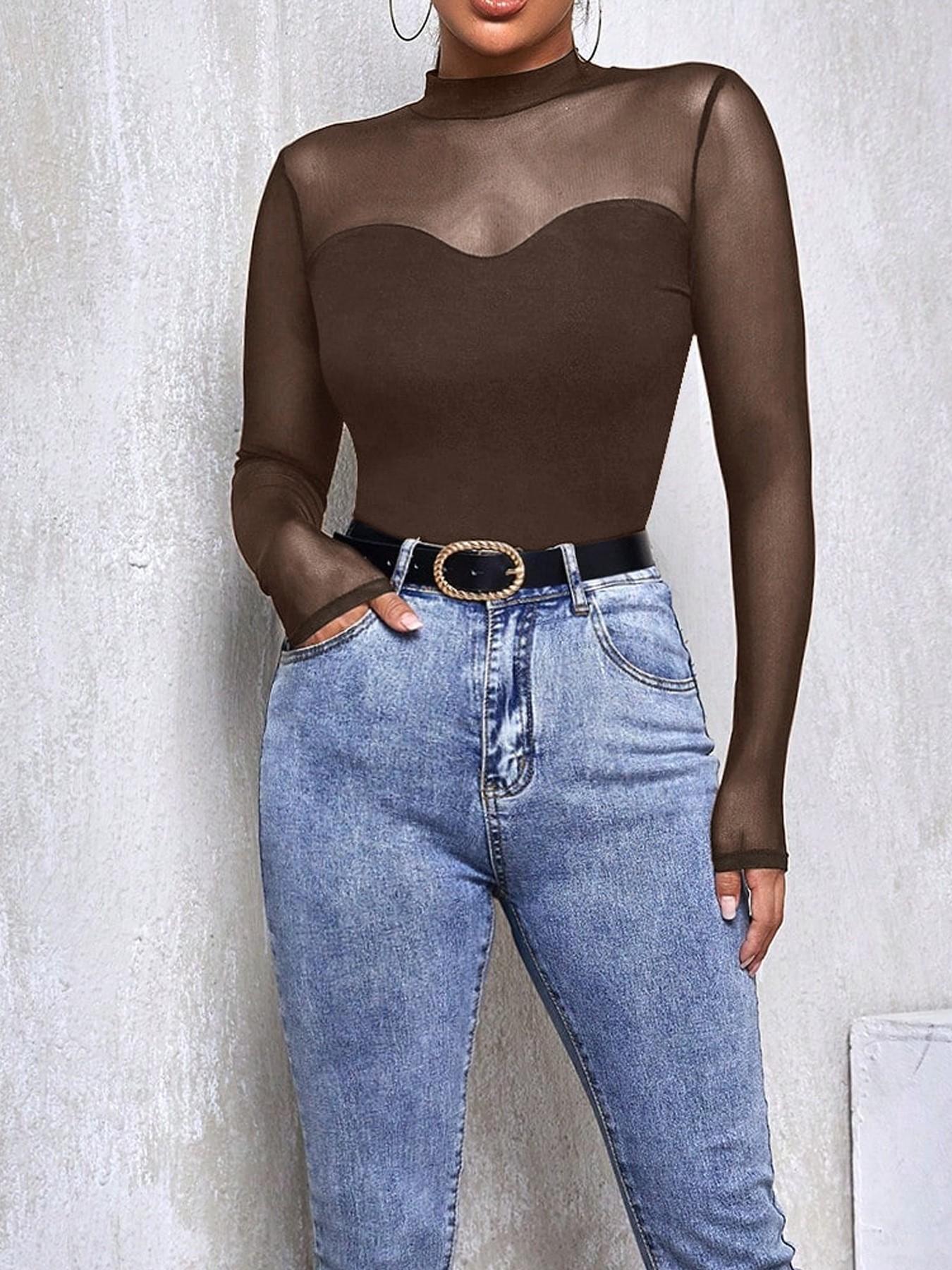 1 Piece See-Through Mock Neck Top - Women’s Sheer Mesh Long Sleeve Blouse | Y2K Trendy Slim Fit Feminine Shirt for Party & Daily Layering