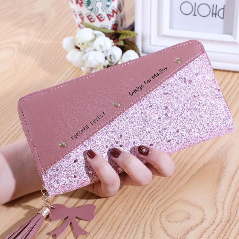 Women’s Pink Glitter Zip-Around Long Wristlet Wallet with Tassel Detail, Zipper Close Fashion Handheld Purse for Everyday Carry, Gifts for Women (Sports & Outdoor Companion Accessory)