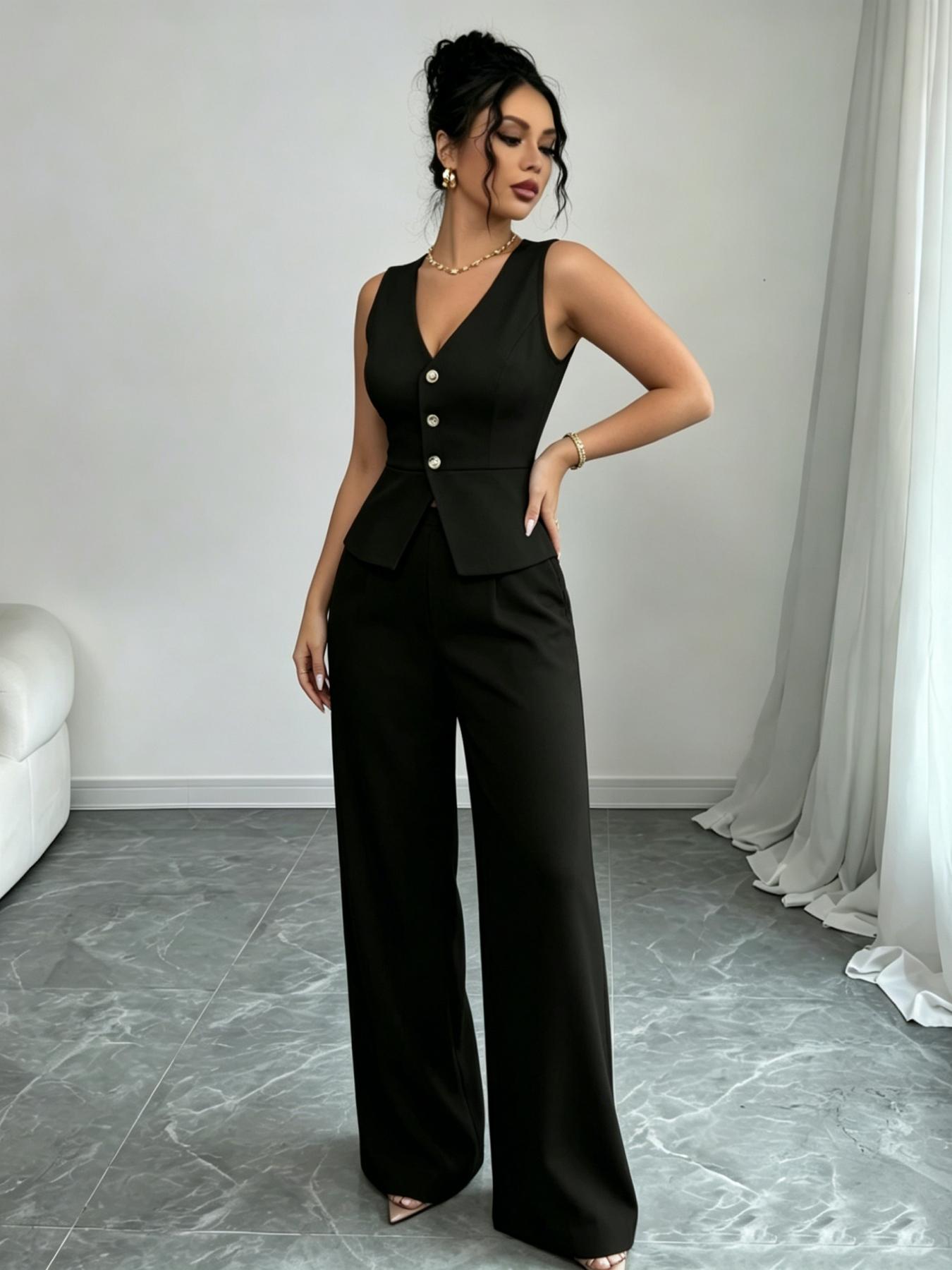 YYT1 A women's Chic Sleeveless Vneck luxury waist cinched Fitted suit vest set, Pants Top Set, same color scheme, suitable commuting, shopping, outdoor activities, Fitted clothing set