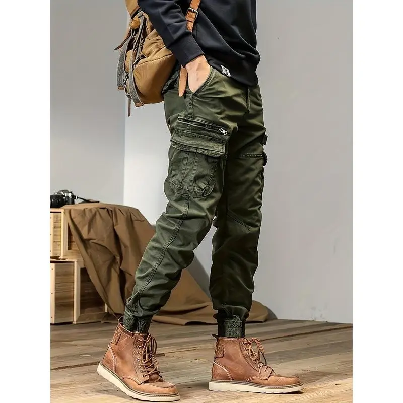 Men's Versatile Workwear Pants with Multiple Pockets, Solid Color, Hip-Hop American Fashion Casual Style, Four Seasons, Khaki