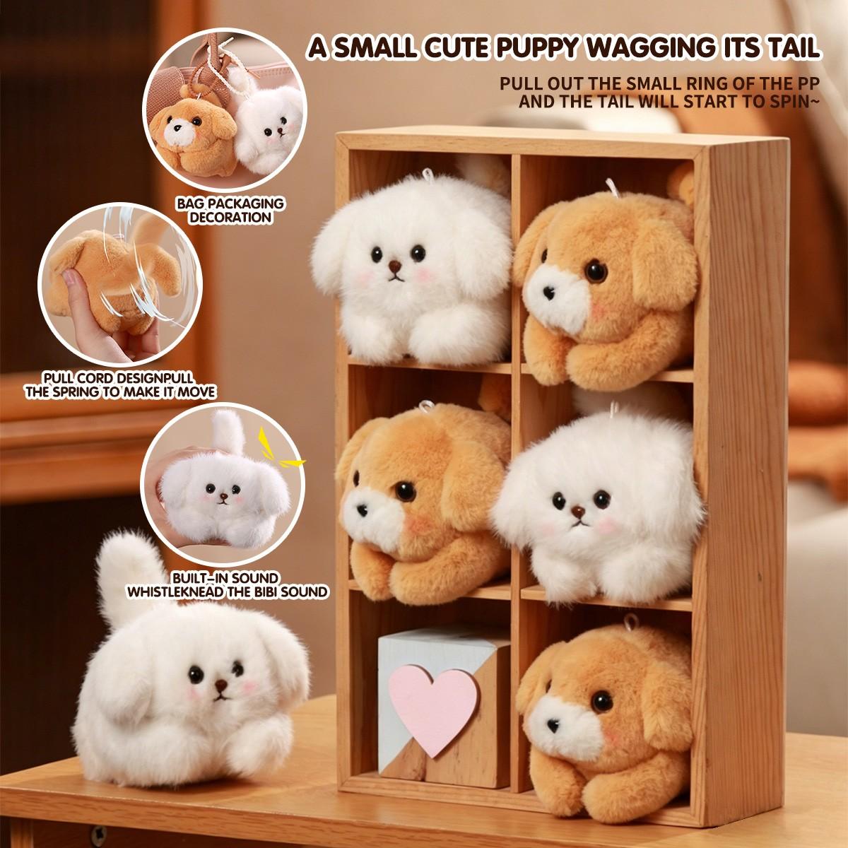 Plush Dog Keychain with Tail Wiggling Sound, Cute Bag Accessory Stress Relief Toy, Pull String Interactive Pet Gift