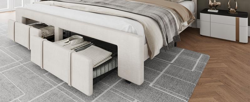 Full Size Bed Frame, Upholstered Platform Bed Frame with Storage Drawers, Mattress Foundation with Solid Wooden Slats Support, No Box Spring Needed, Beige