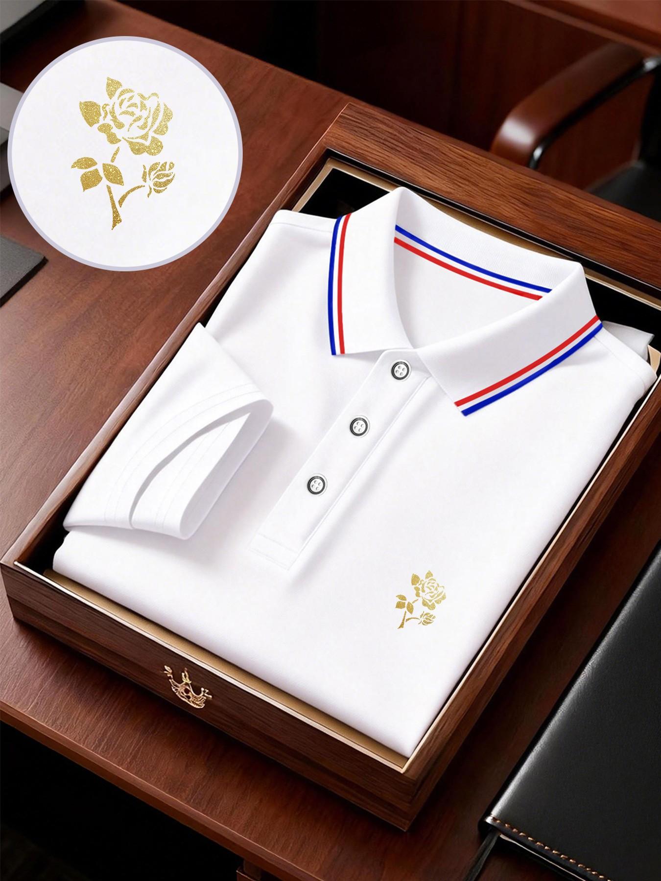 Men's Geometric Print Polo Shirt, Loose-Fitting Short Sleeve, Breathable Elastic Fabric, Casual Business Tee, Spring Summer New Arrival