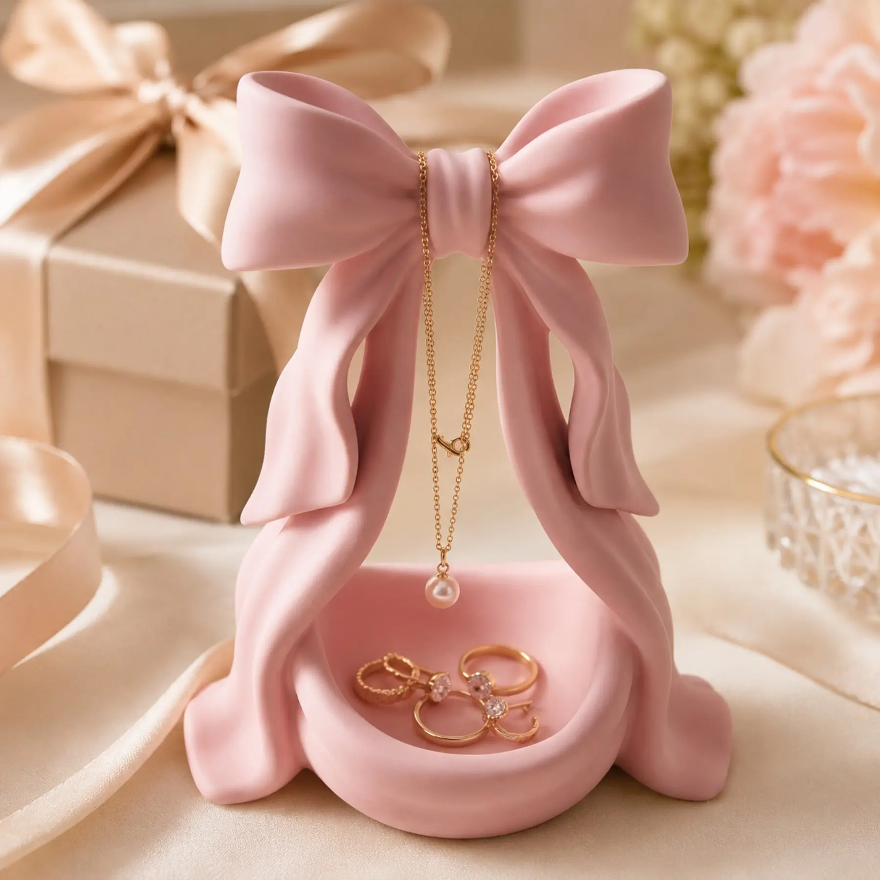 3D Printed Bow Jewelry Storage Box, Elegant Ribbon Necklace Stand with Ring Tray, Desktop Decor for Bedroom Bathroom, Unique Gift for Women