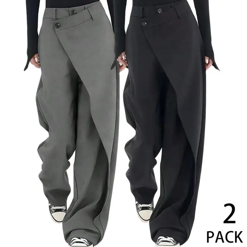 ASANDY 2Pack Women's Solid High-Waist Wide-Leg Trousers with Asymmetrical Wrap Detail for Corporate Office and Everyday Wear, Corporate Office Wear, Solid Plain, Fashion, Casual Chic Trousers, Fit, Office Work Clothes