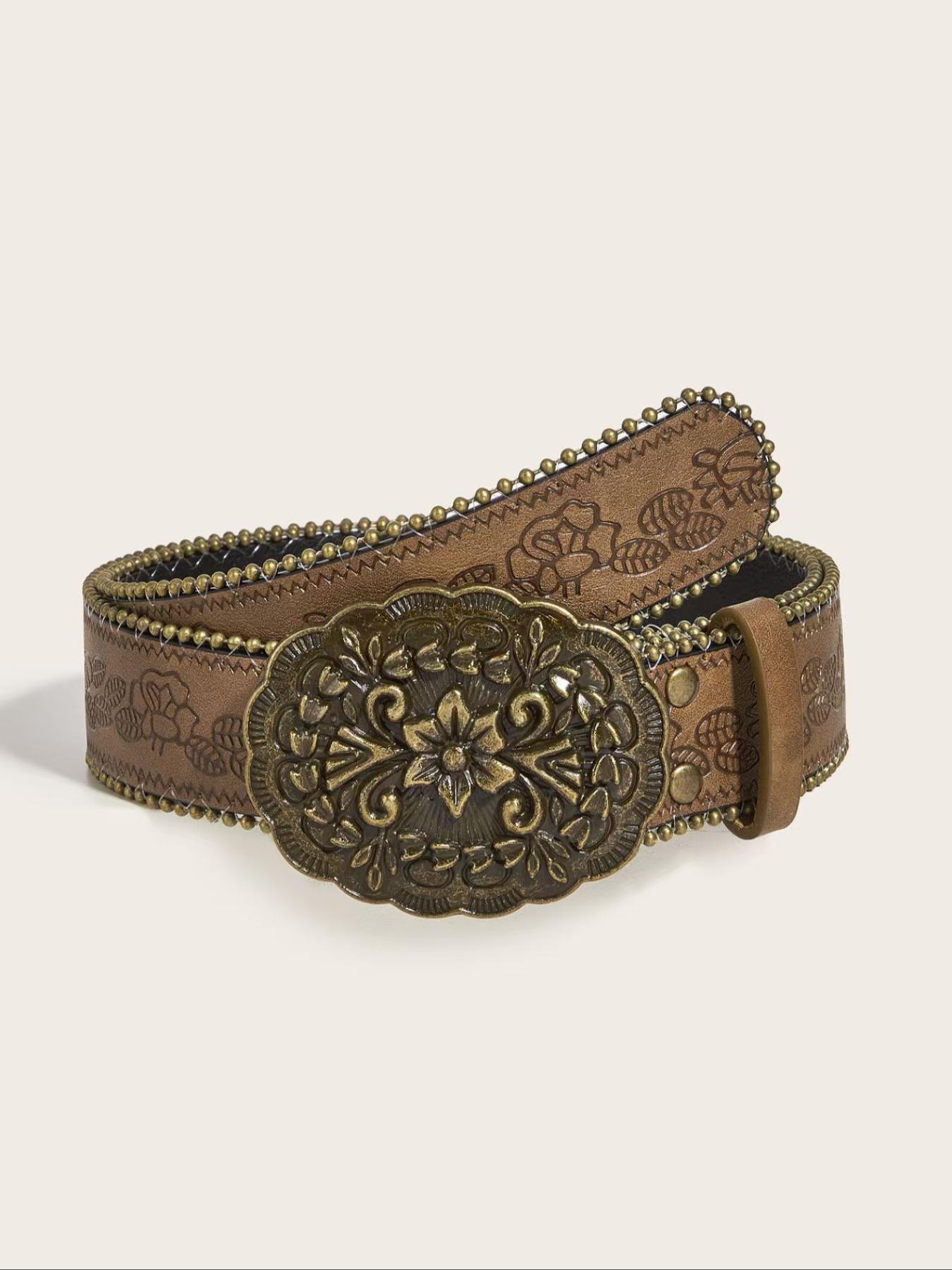 Boho Western Style Vintage Print with Metal Buckle, Pearl Decorative Edges, Perfect for Dresses & Jeans, All Season Wear, Western Belts