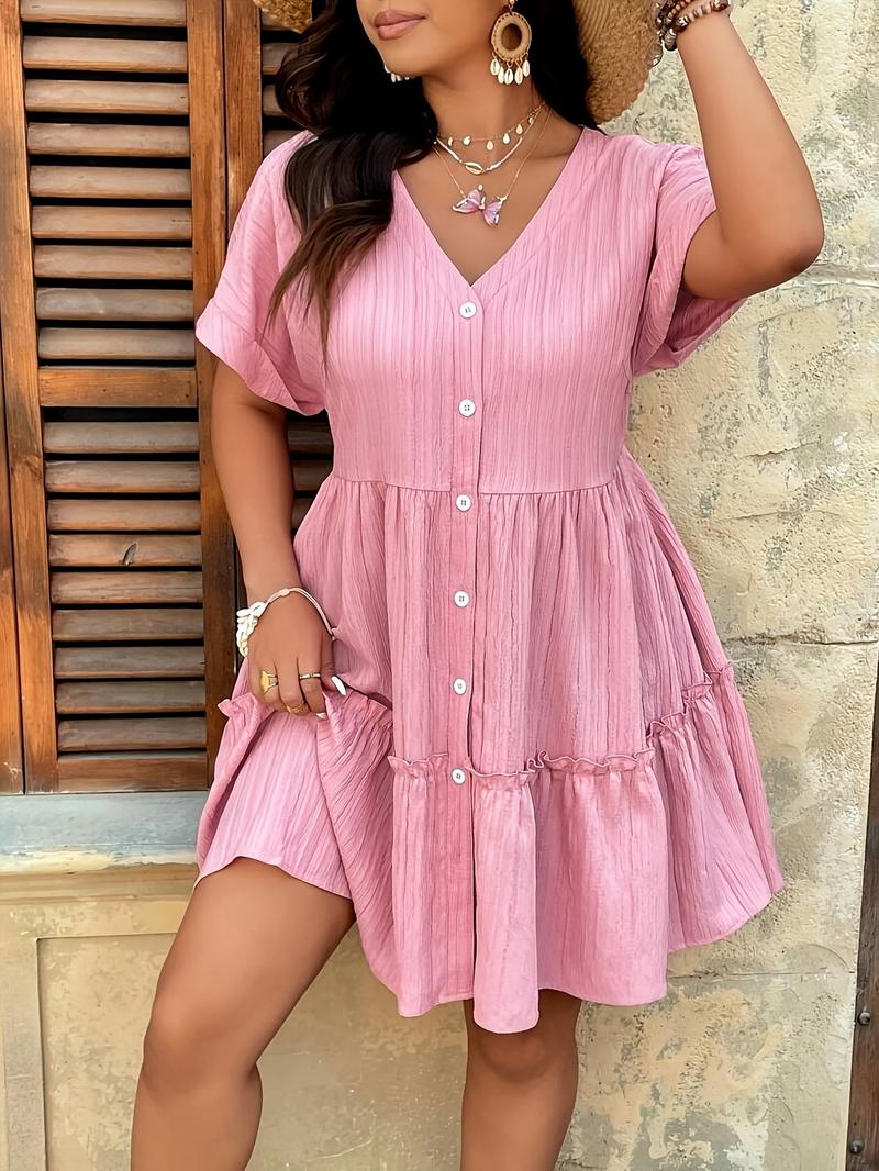Plus Size V Neck Textured a Line Dress with Hollow Shoulders, Flared Hem for Summer, Women's Casual Sun Dress for Every Occasion