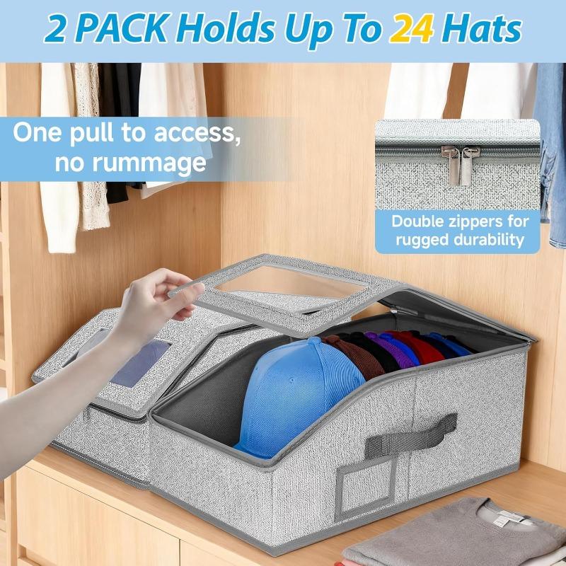 Portable Foldable Baseball Cap Storage Box with Zippered Transparent Window – Stackable, Space Saving Storage & Dustproof Hat Organizer for Home and Travel