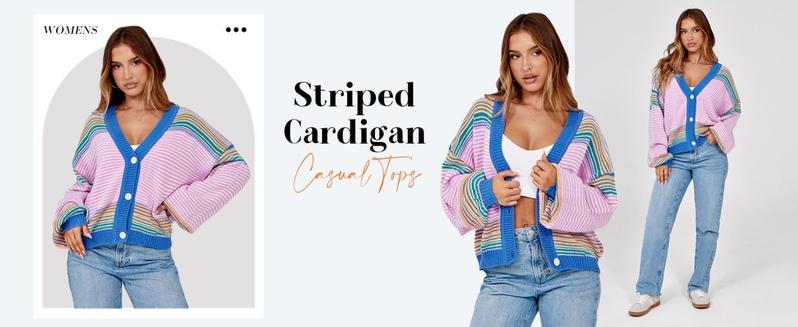 lmily Bela Womens Striped Cardigan Sweaters Oversized Puff Sleeve Button Up V Neck Color Block Knit Sweater Coat