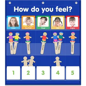 Feelings Pocket Chart for Classroom, Emotions Chart with 36 Cards, Social Emotional Learning & Regulation for Kids, Autism Learning Materials, Homeschool Calm Down Corner Supplies (Blue)