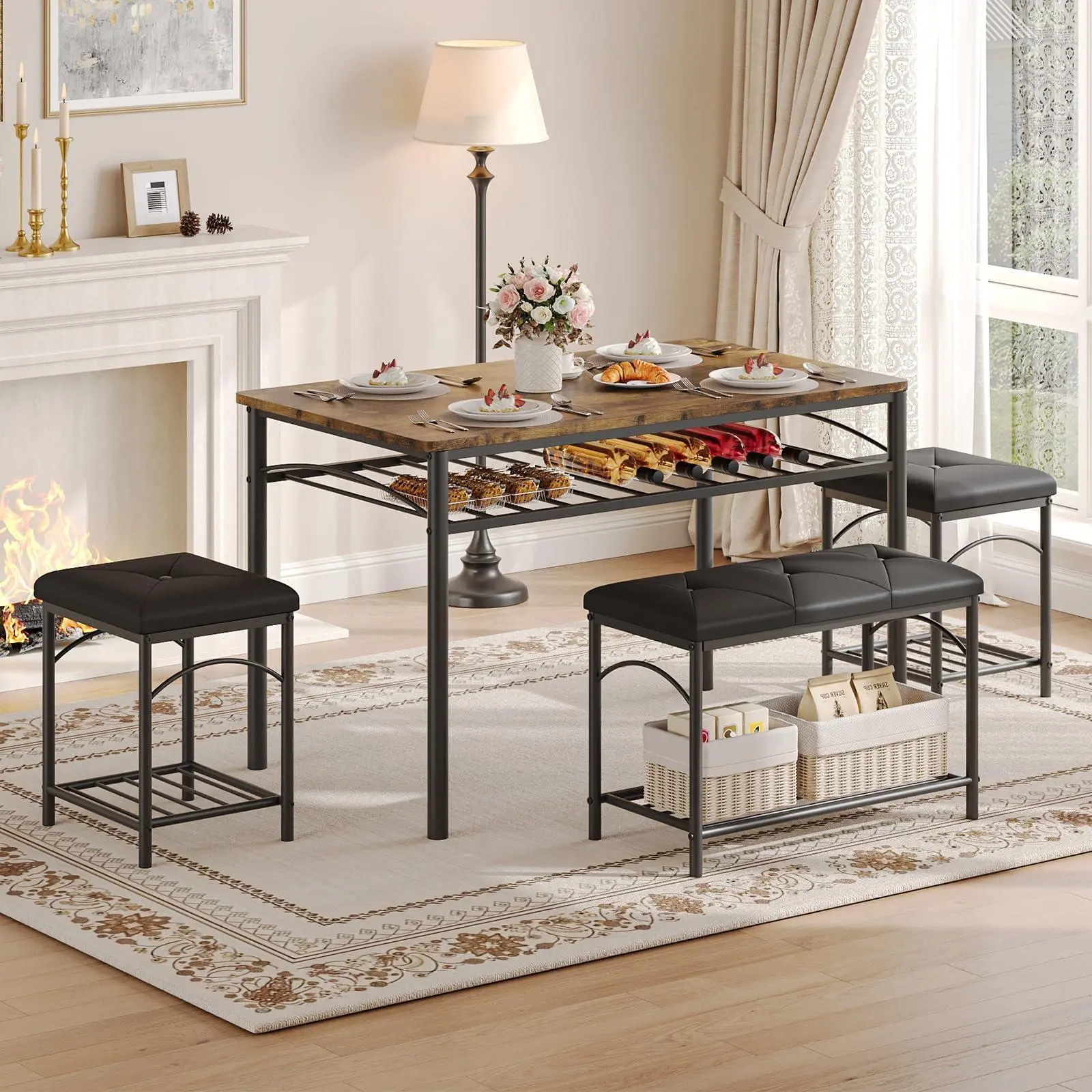 GARVEE 4-Seater Sturdy Wood Grain MDF Dining Room Table & Chairs Set - Upholstered Bench, 2 Stools, Storage, Easy Setup, Space-Saving Modern Camping Furniture, Leather-Metal Accents, High-Density Sponge, Waterproof for Apartments