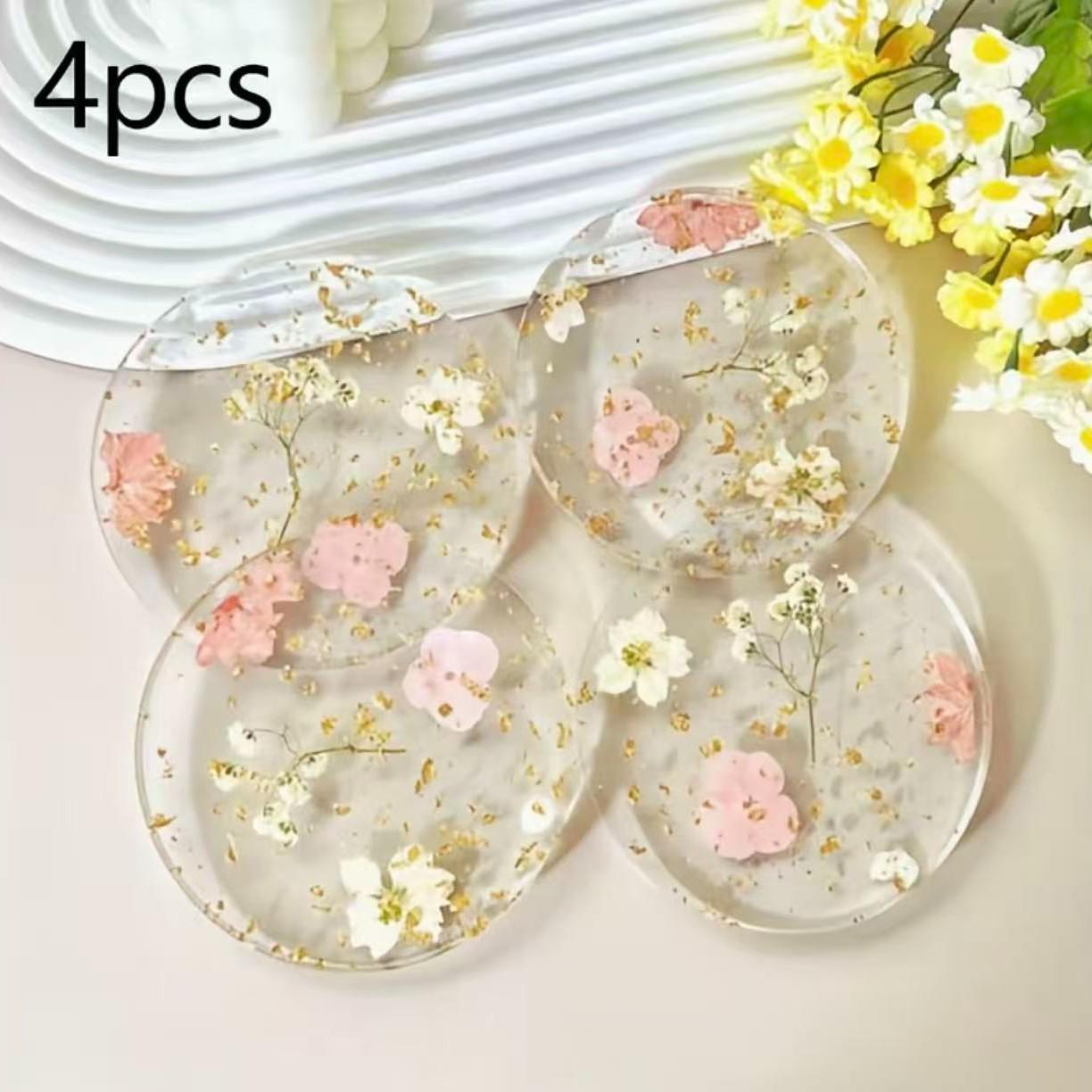 4pcs Transparent Floral Acrylic Tableware Coasters, Waterproof, Non-Slip, Heat Resistant,Home Gift, Kitchen, Office Desk, Wedding Birthday Party Decor