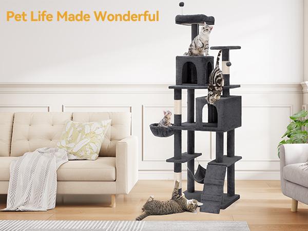Yitahome 75in Cat Tree Tower for Indoor Cats, Multi-Level Cat Furniture with Scratching Posts, Cat Caves, Padded Perch, Cozy Hammock, Ladder, and Plush Balls for Kittens, Pet Play House