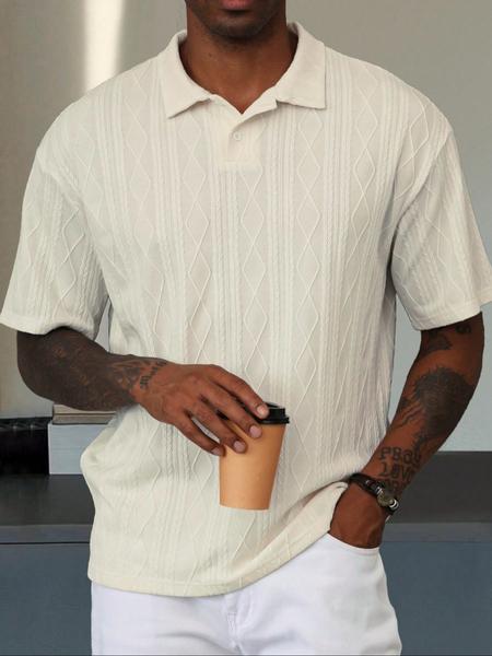 Men's Textured Design Knit Polo Shirt, Casual Summer Fitted Plain Pattern Top, Moderate Fabric Men's Clothing for Daily Wear, Menswear, Knitted Shirt