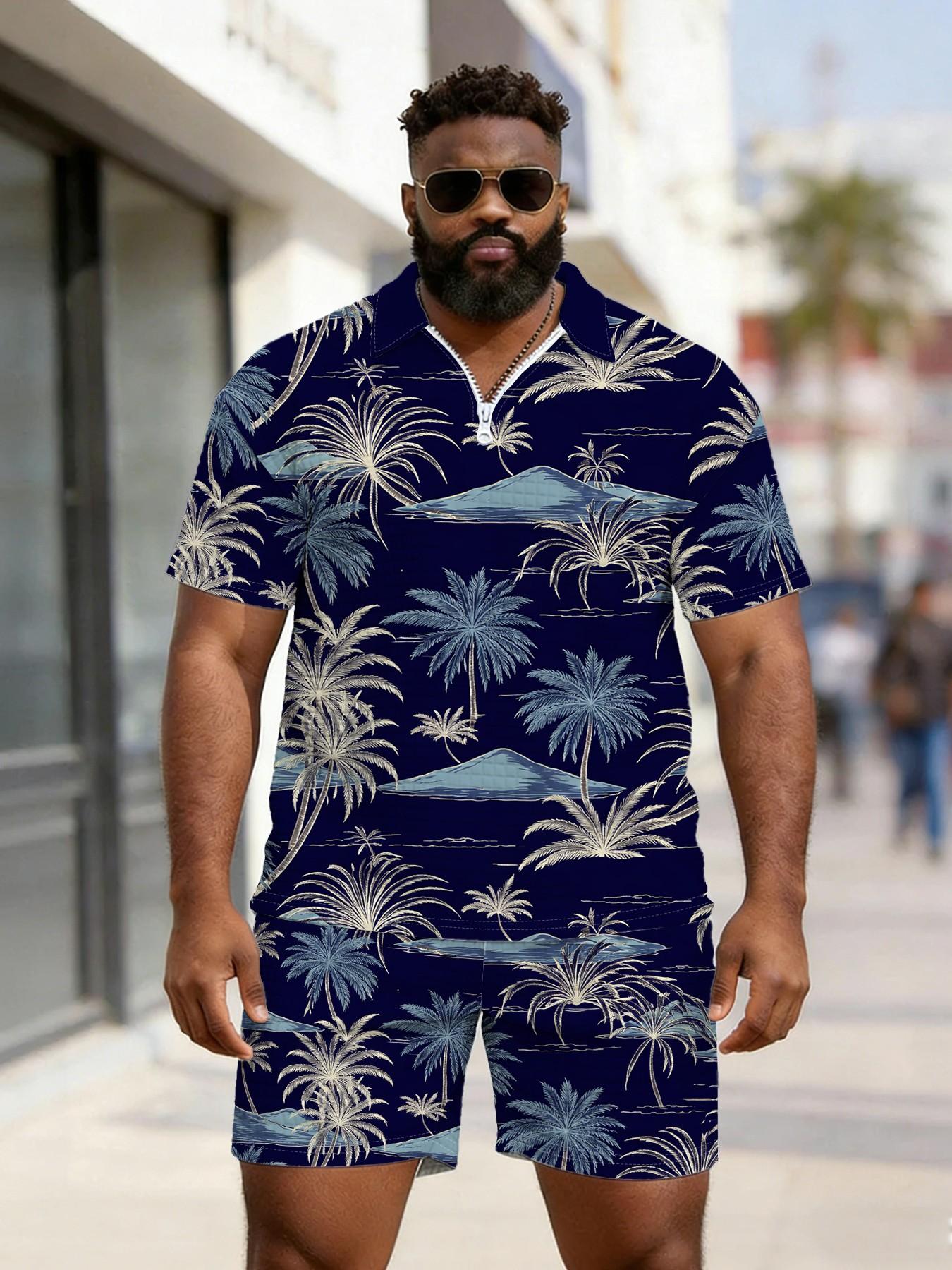 Men's Navy Palm Island Style Polo Set, Loose-Fit Zipper Top, Casual All-Over Print, Summer Breathable Beach Wear, Large Size