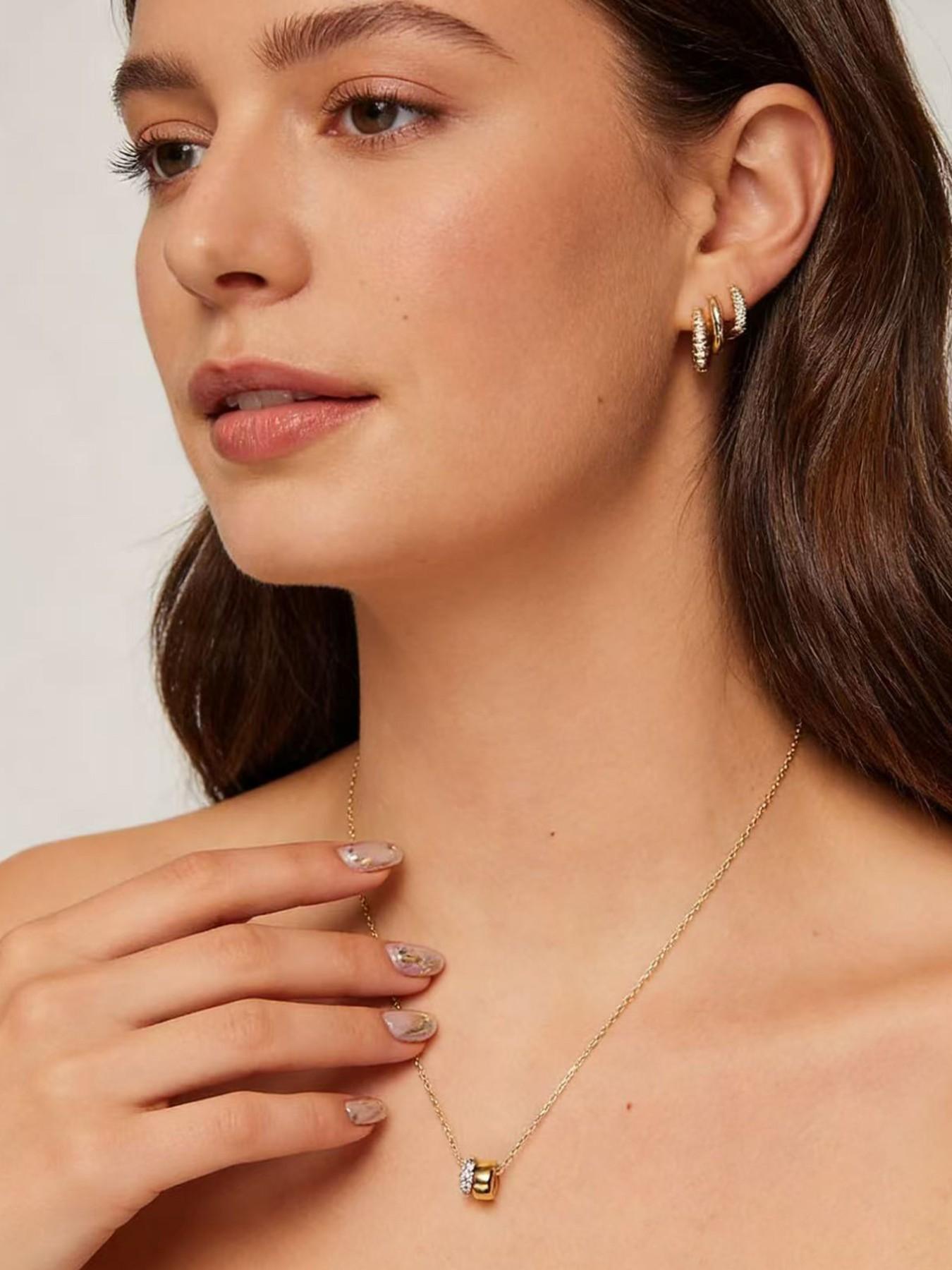 Necklace for Women, Two Distinct Rondelle Pendants with Cubic Zirconia, Sliding Chain Pendant, Trendy Fashion Jewelry