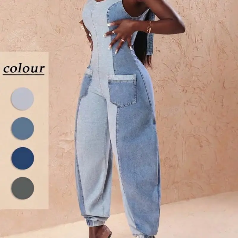 Women's Casual Two-Tone Backless Zipper Front Denim Overalls Jumpsuit, Sexy Sleeveless Cowboy Style, All Seasons Plain Surface Unlined Clothing