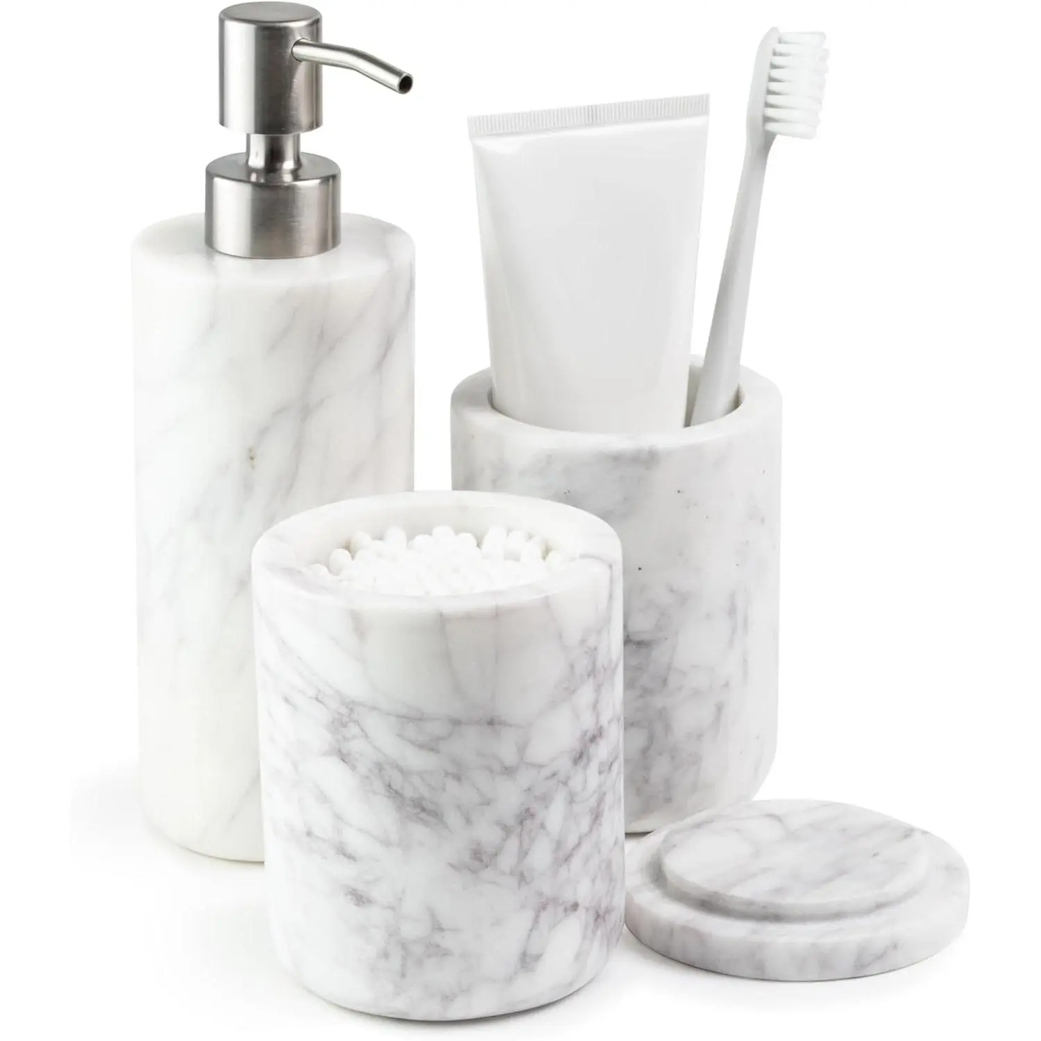 Marble Bathroom Accessories Set, Solid Natural Marble, Complete Vanity Set with Soap Dispenser, Toothbrush Holder & Canister with Lid for Qtips, White Bathroom Countertop Decor