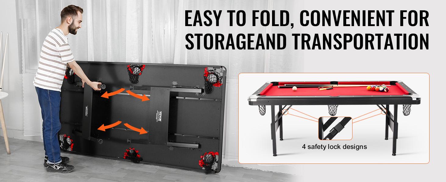 VEVOR Billiards Table, 6.3 ft Pool Table, Portable Foldable Space-Saving Table, Billiard Table Set Includes Balls, Cues, Chalks and Brush, Black with Red Cloth, Perfect for Family Game Room Kid Adult
