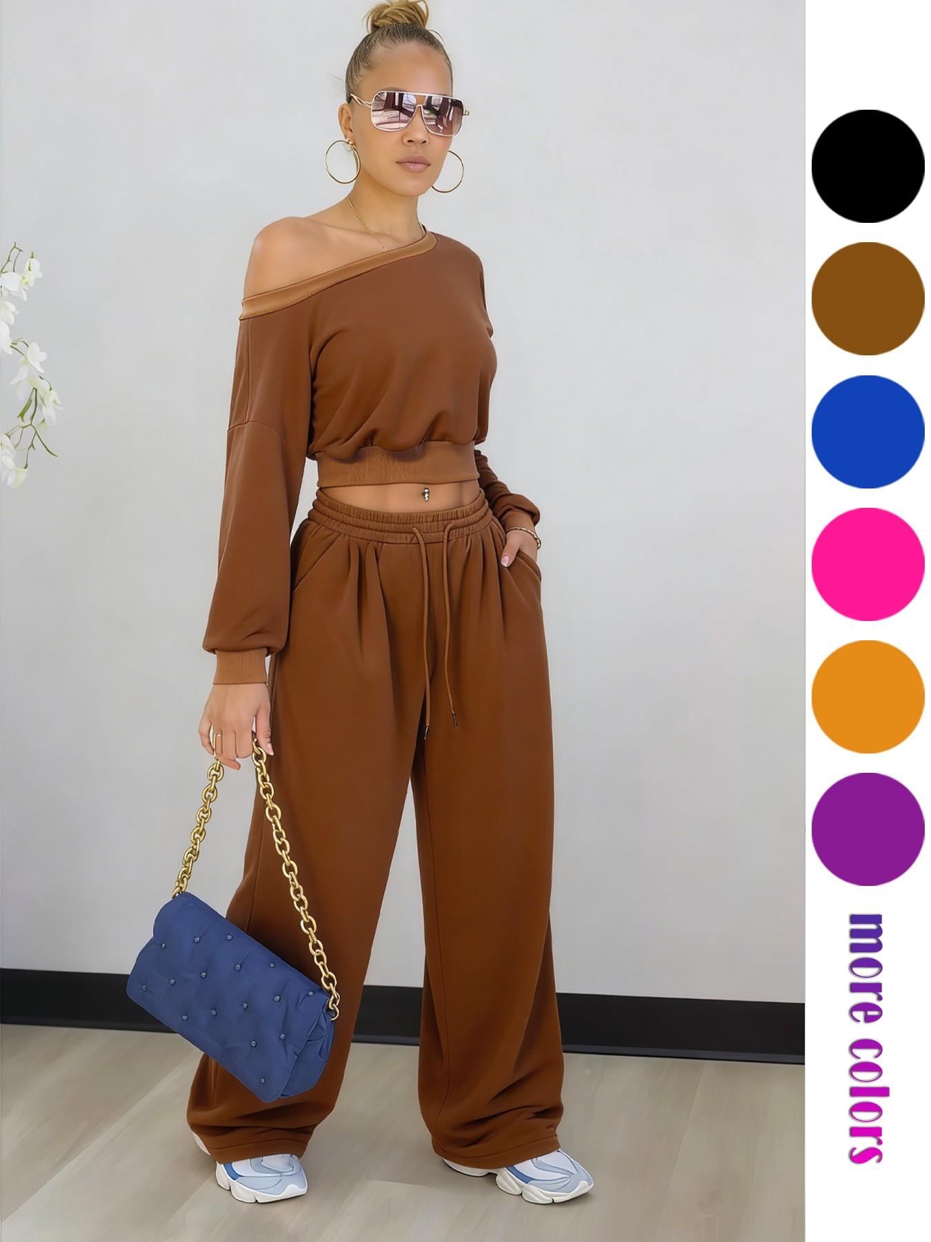 2026Women's Casual Two-Piece Set, Plain Loose Fit Design, Long Sleeves & Pockets, Perfect for All Occasions, Y2K Style