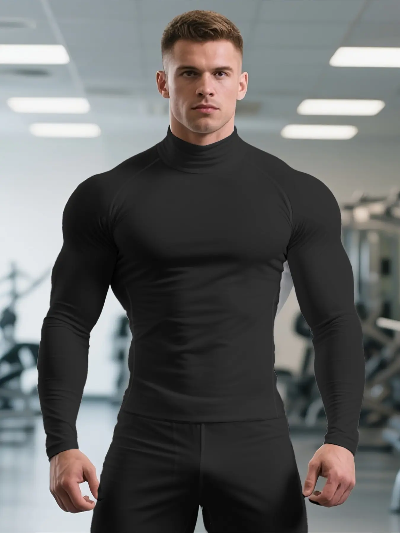 1-Pack Men's Quick Dry Stretch Fitness T-Shirt, High Neck Long Sleeve Compression Workout Top, Solid Color Moisture Wicking Breathable Performance Athletic Shirt for Gym Training Sportswear, Fitness, Running, Four Season Active Wear