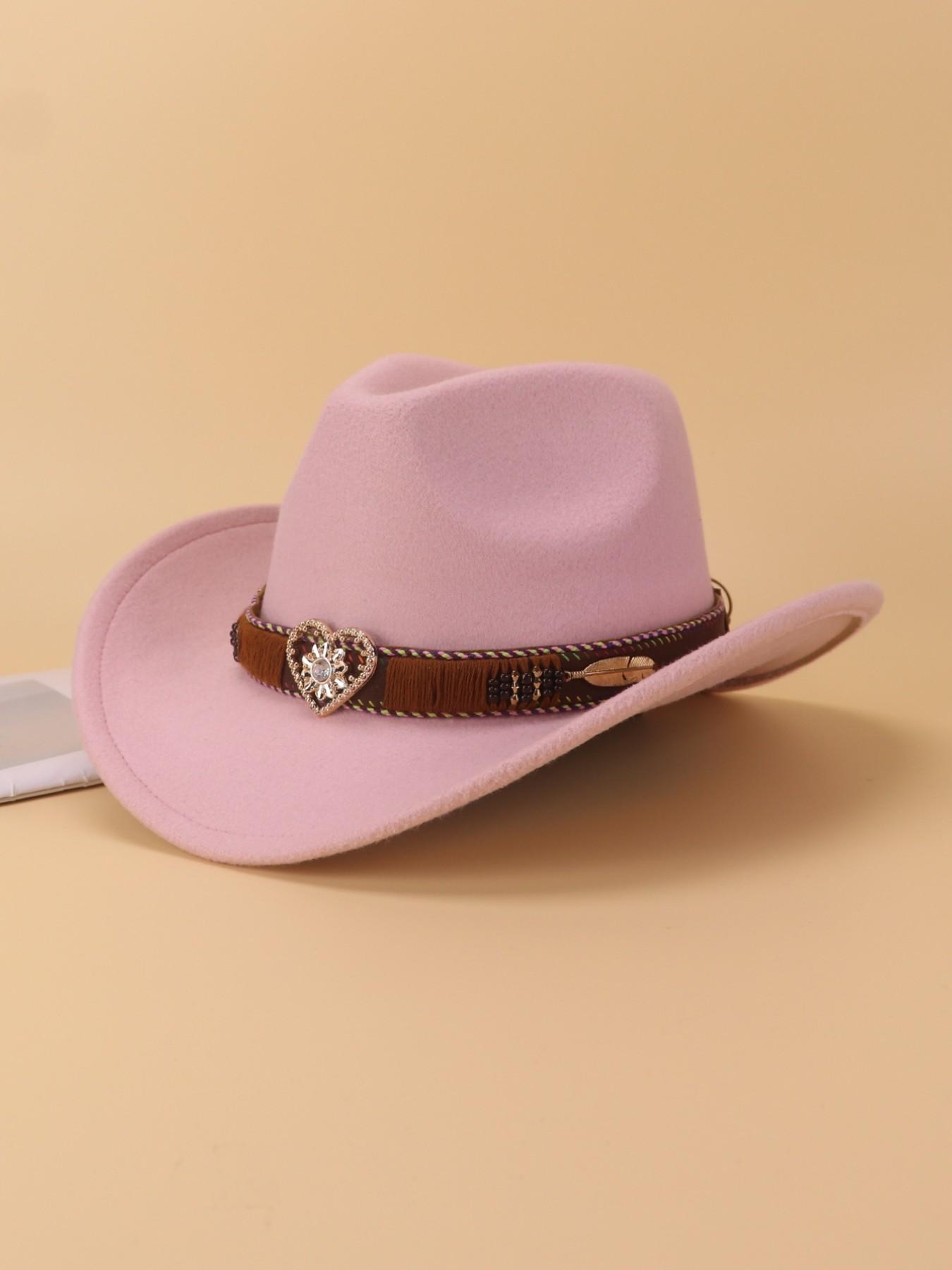 1PCS Unisex Rhinestone Heart Decorative Western Cowboy Hat, Vintage Polyester Style, Perfect for Western Theme Parties, Casual Wear, Daily Use