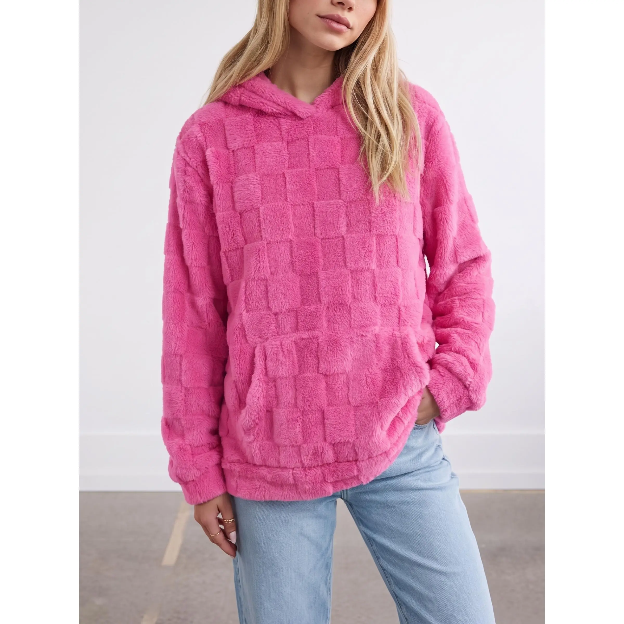 VVZ Women's Fuzzy Flannel Hoodie, a Cozy Solid Color Sweatshirt with Kangaroo Pocket for Fall Winter Layering Outfits, All Day Wear