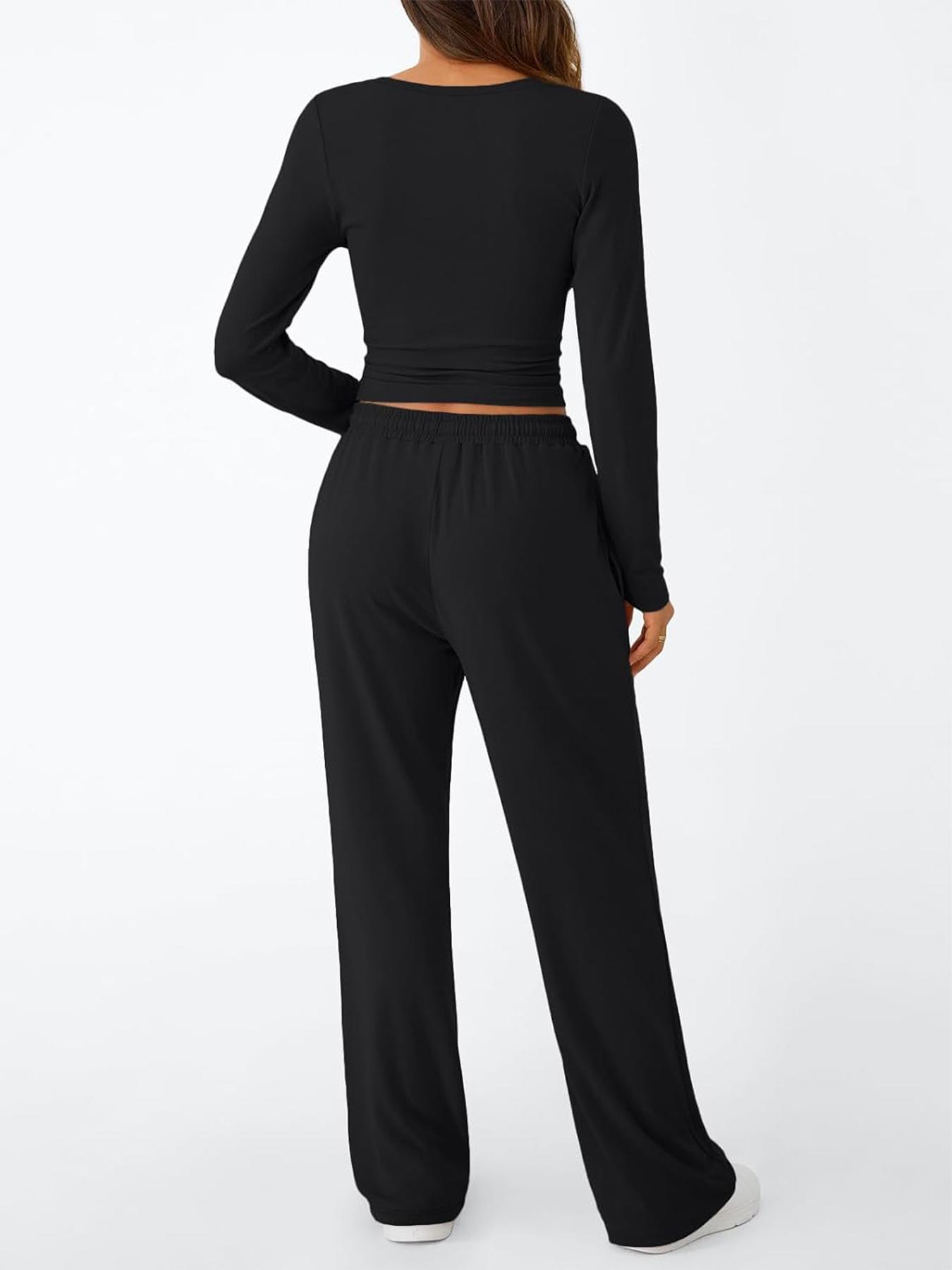 2026 Women's Two-Piece Loungewear Set, Soft Long-Sleeved Round-Neck Crop Top, Drawstring High-Waisted Wide-Leg Pants with Pockets