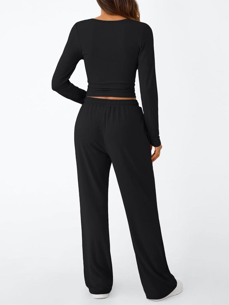 2026 Women's Two-Piece Loungewear Set, Soft Long-Sleeved Round-Neck Crop Top, Drawstring High-Waisted Wide-Leg Pants with Pockets