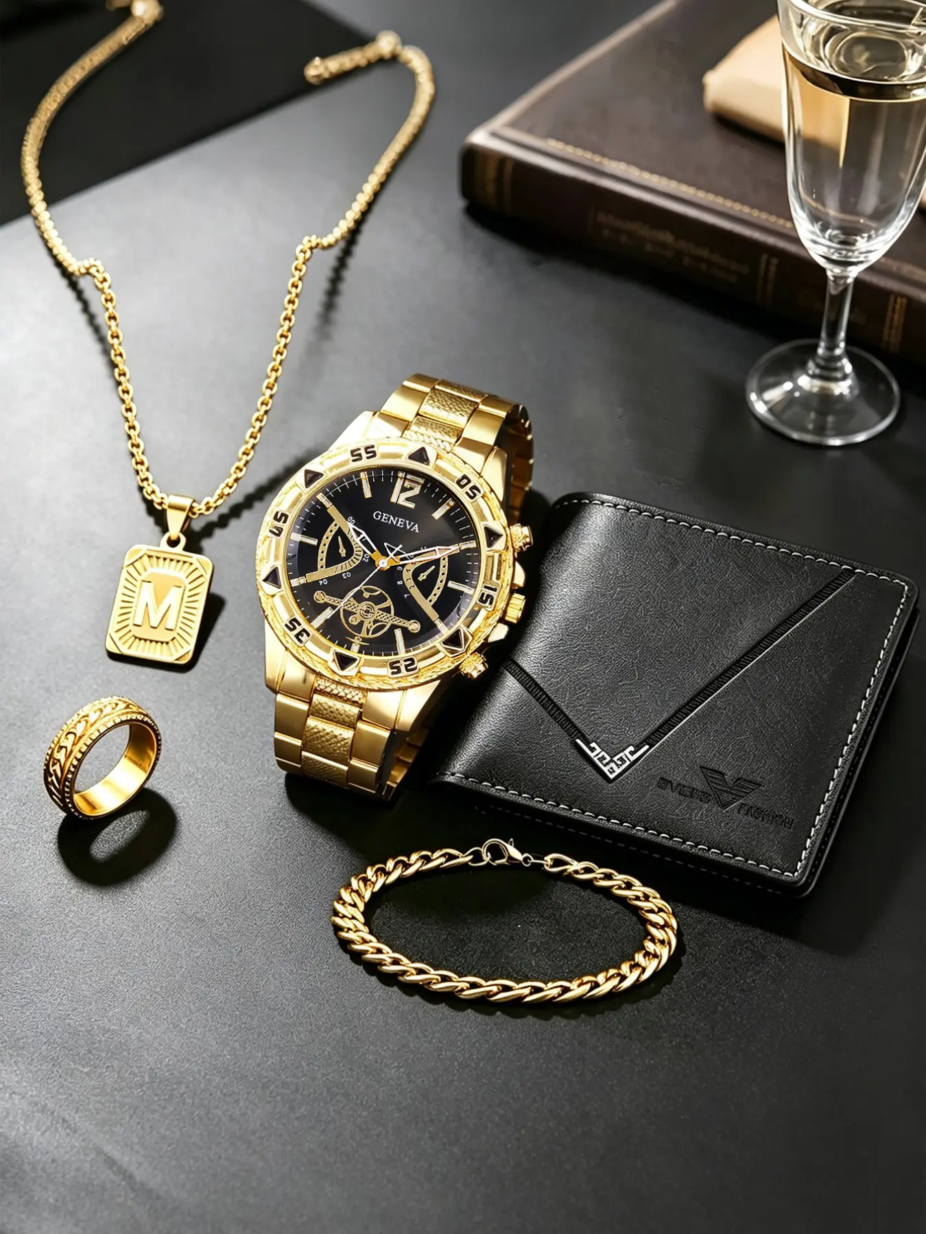 Men's Watch Set, 5pcs Business Sports Watch Kit, Necklace Ring Bracelet Wallet Watch, Daily Wear Birthday Party Gift, Personal Use