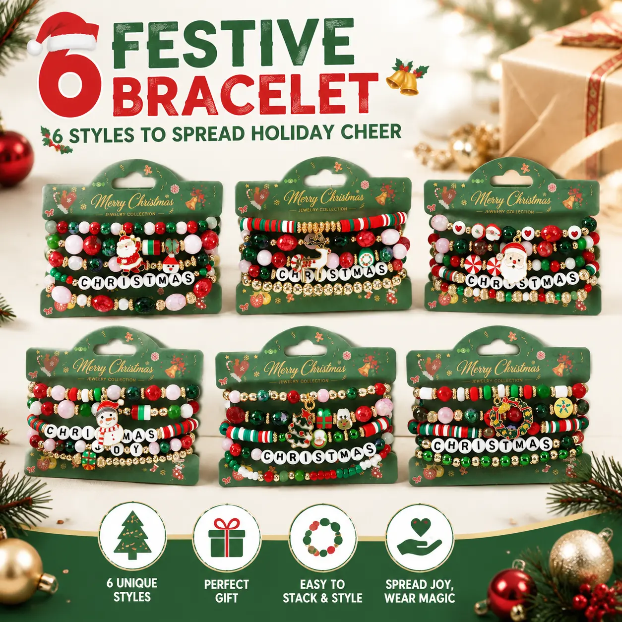 Vibrant Christmas Bracelets Set 5Pcs/30Pcs Multi-layer Handmade Elastic Polymer Clay Beaded Bracelets Cute Santa Claus, Christmas Tree, Snowman Pendant Bracelets Jewelry for Women Men Party Supplies Gift