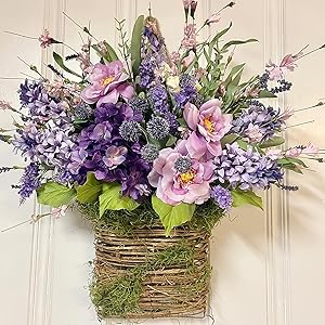 Wildflower Wreath with Pink Berry Accents - Handwoven Rattan Basket for Front Door, Spring Farmhouse Decor for Mother's Day, Wedding and Everyday Home Accent