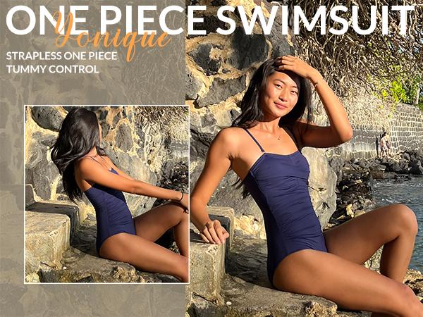 Yonique Womens Strapless One Piece Swimsuit Tummy Control Bandeau Bathing Suits Slimming Twist Front Swimwear for Beach Swimming Holiday Vacation