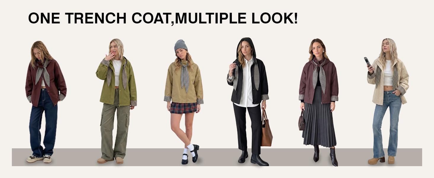 TANKANEO Women's Short Cropped Trench Coat - Ladies' Longsleeves Clothes, Detachable Plaid Hood, Notched Lapel, Lightweight Windproof Women's Fashion Outerwear for Autumn Daily, Valentines Day Outfits