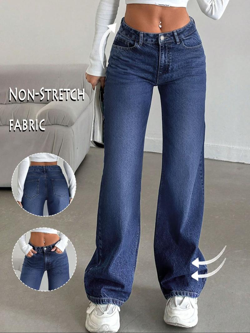 Women's Low Rise Nondistressed Jeans, Street Style Retro Loose Fit Straight Jeans, Fashion Washed Jeans for Daily Wear