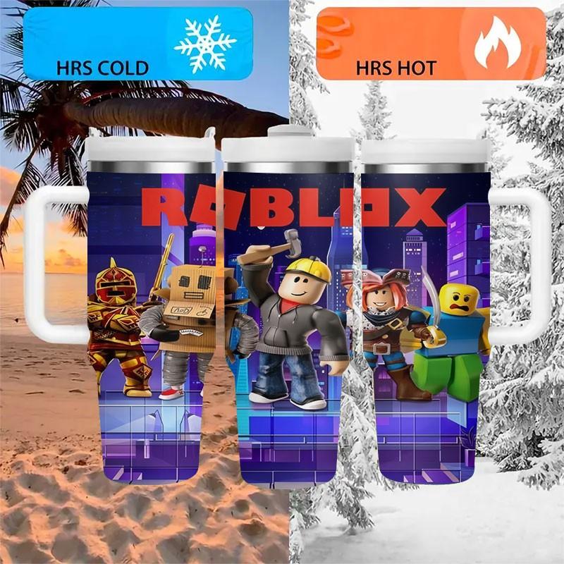 1pc Roblox Adventure 40oz Tumbler, Cartoon Game Character Car Insulated Cup, Slide Handle Large Capacity Straw Cup, Gaming Accessories Travel Mug