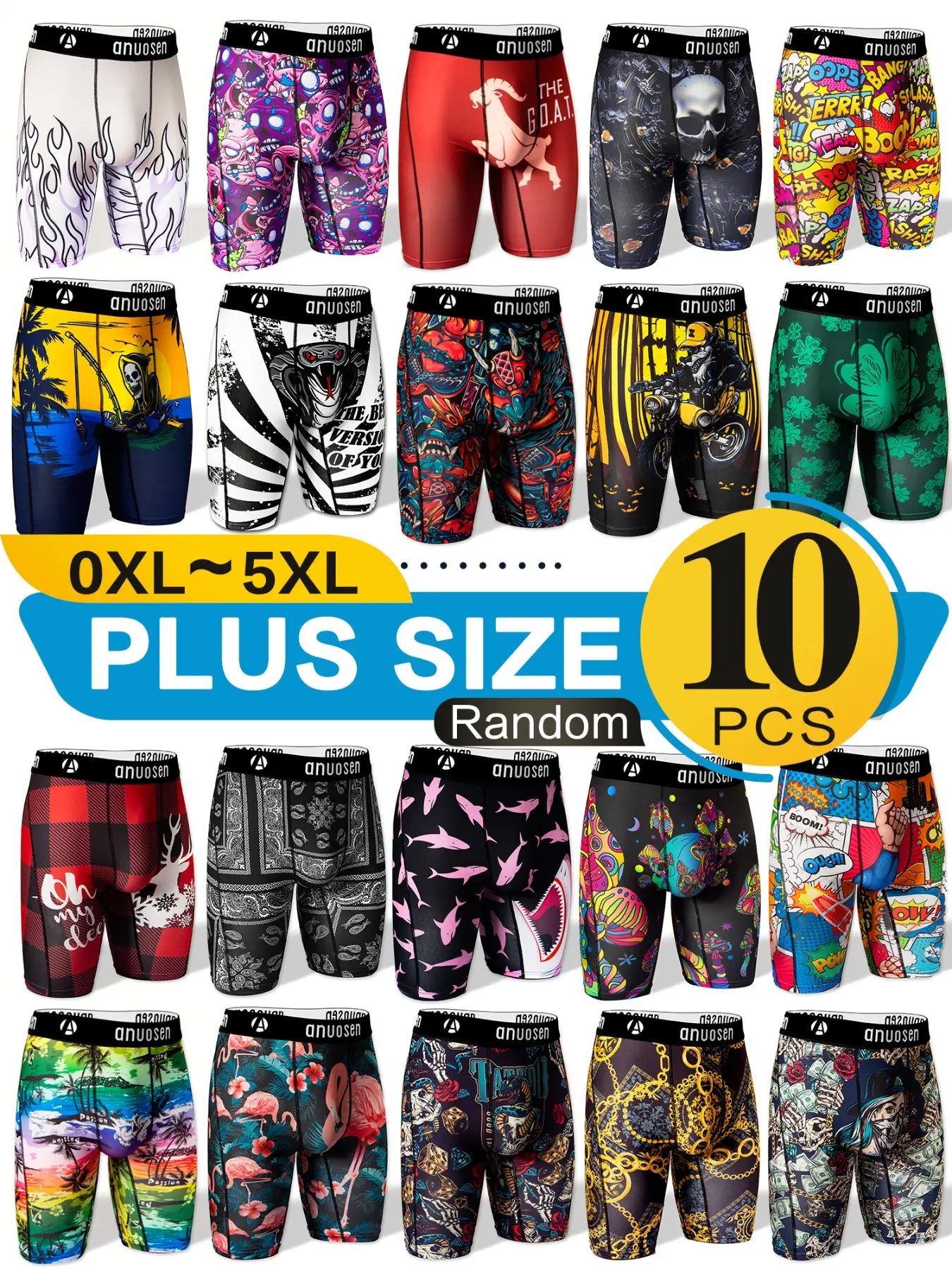 Men's Plus Size Underwear Set, 10 Pcs Random Patterns, Breathable Print Underwear, Casual Breathable Briefs, Soft Moisture-Wicking Fabric, All Seasons Wear