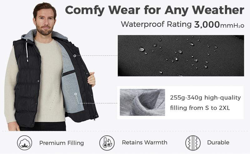 Men's Thicken Winter Vest Water-Resistant Puffer Jacket Thicken Vest with Removable Hood Menswear Tops Underwear Gilet Human Bestie