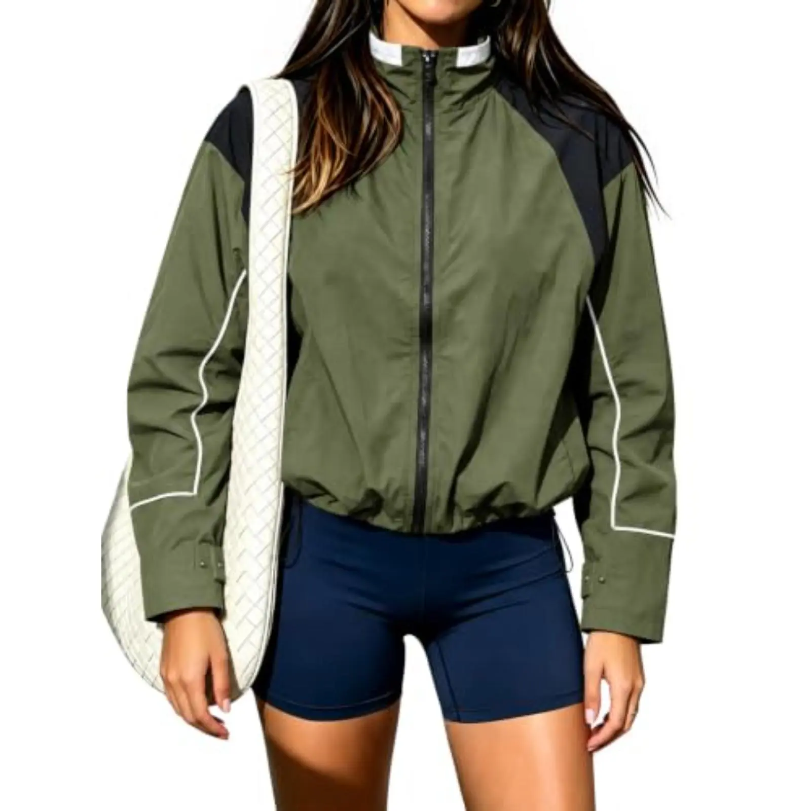 Yousify Women's Crop Lightweight Zip-Up Windbreaker Jacket - Utility Anorak, Scoop Neck, Polyamide Fabric, Pockets, Machine Washable, Non-Iron All-Season Outerwear (Women's Clothes, Jackets, Clothes),sohochic