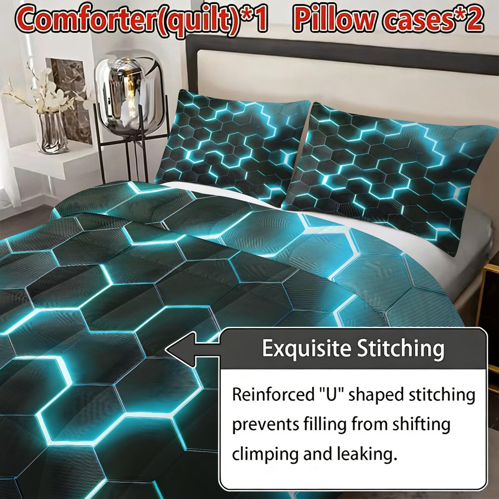 Hexagon Glow Bedding Set, Includes 1 Comforter & 2 Pillowcases, Cyberpunk Tech Decor, Synthetic Fiber Material, Home Bedroom Essentials