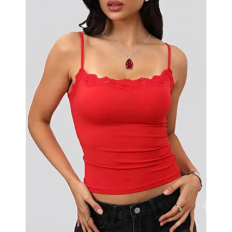 Women's Double-Lined Lace Trim Spaghetti Strap Cami - High-Stretch, Fitted Sleeveless Sports Vest for Parties, Casual Outings, Party