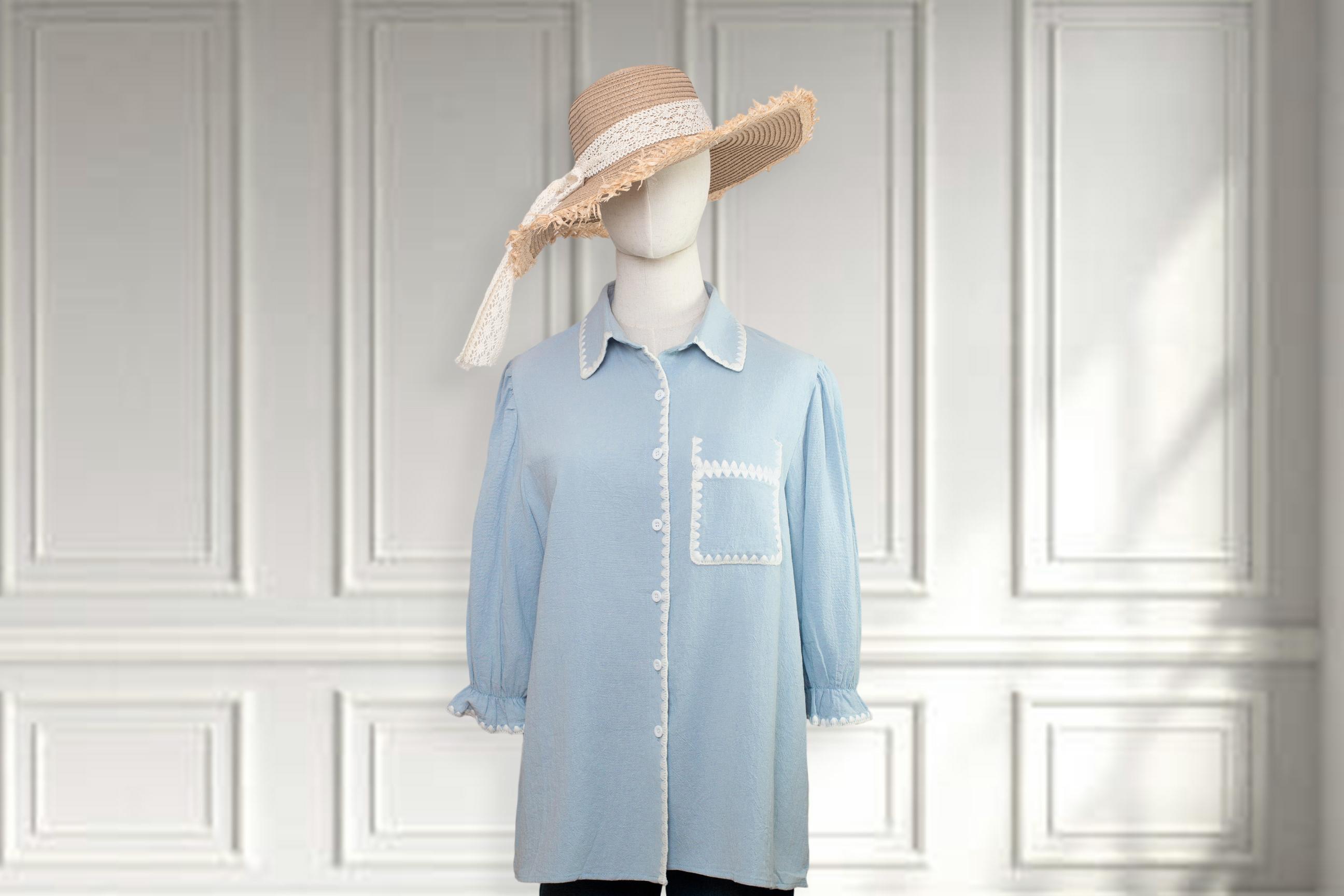 SageVell 100% Cotton 3/4 Puff Sleeve Chambray Shirt - Blue Collared Blouse with White Trim, Cottagecore Essential Top for Women SpringStatements