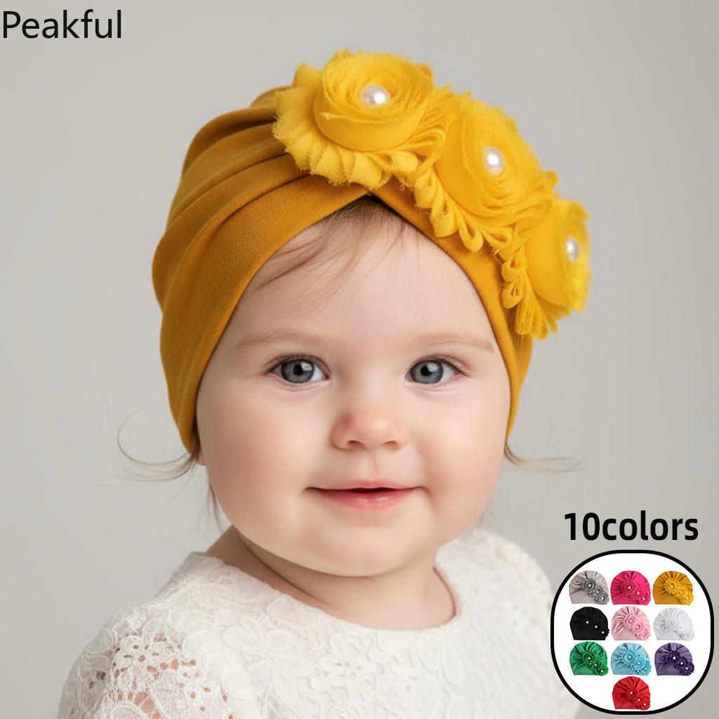 Kids Floral Pearl Decor Turban Hat, Popular Soft Cotton Baby Headwear, Elegant Toddler Headwrap, comfortable elastic design & charming flower details, great for casual outings, birthday parties and newborn photography