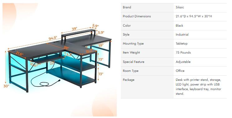 Sikaic 94.5 Inches T Shaped 2 Person Modern Gaming Desk Computer Furniture With Storage LED Lights Table Shelf Drawers Adjustable Ergonomic Tiltable Tabletop Dual Monitor Riser Dual Monitor Arms