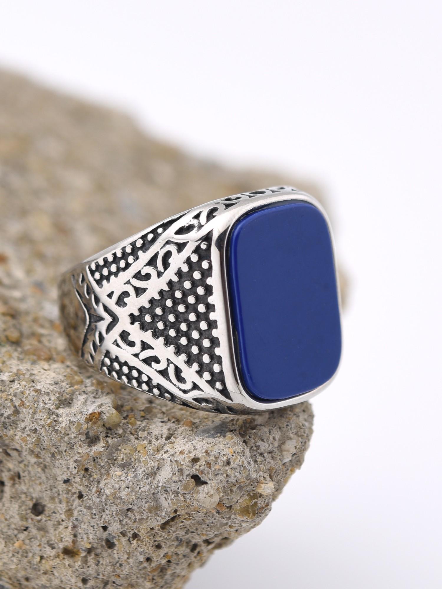 Vintage Men's Signet Ring 316L Stainless Steel Silver Color Blue Agate Square Stone Retro Carving Jewelry Gift